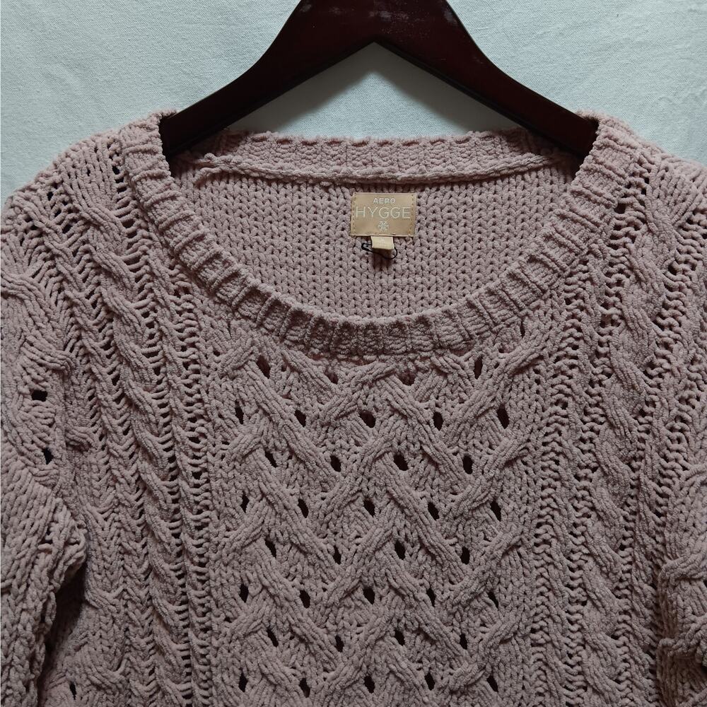 Aero Hygge Pullover Sweater Womens S Pink Chenille Cable‎ Knit Open Weave Chunky